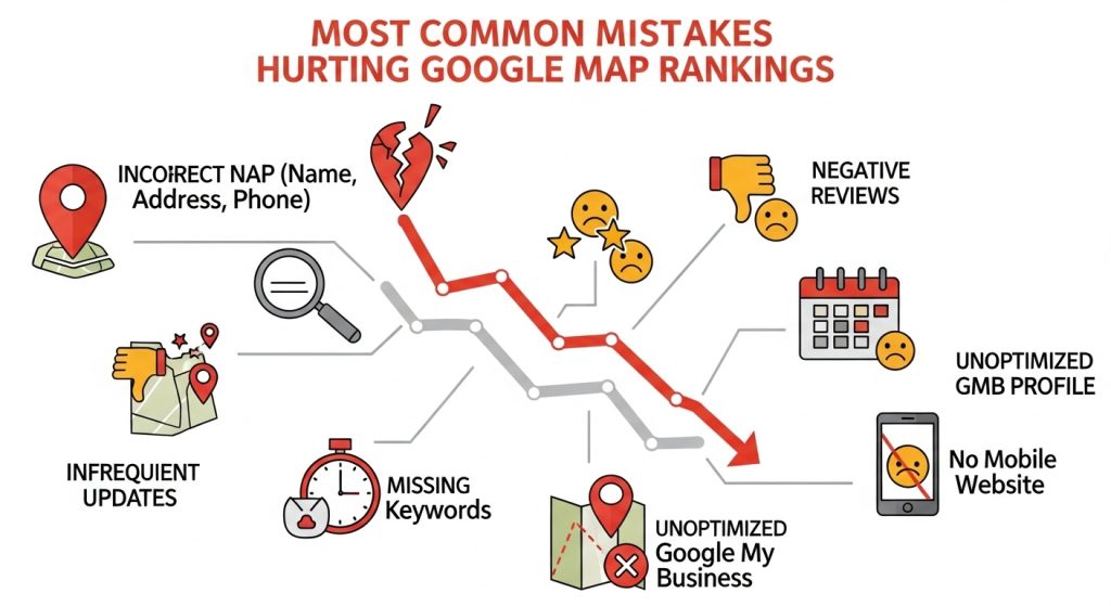 Most Common Mistakes Hurting Google Map Rankings

Avoid these:

❌ Wrong primary category
❌ Duplicate business listings
❌ Fake reviews
❌ No website
❌ Wrong service areas
❌ No photos
❌ Virtual office (Google may suspend)
❌ Inconsistent NAP
❌ No citations
❌ No backlinks
❌ Rarely updated profile

Fixing these often causes rapid ranking jumps.